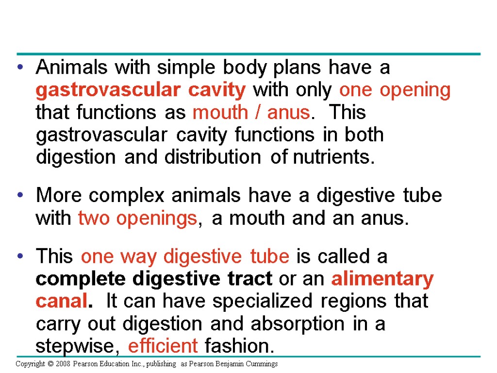 Animals with simple body plans have a gastrovascular cavity with only one opening that